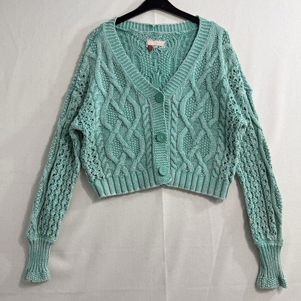 Anthropologie Pilcro Cropped Cable-Knit Cardigan Sweater Small green